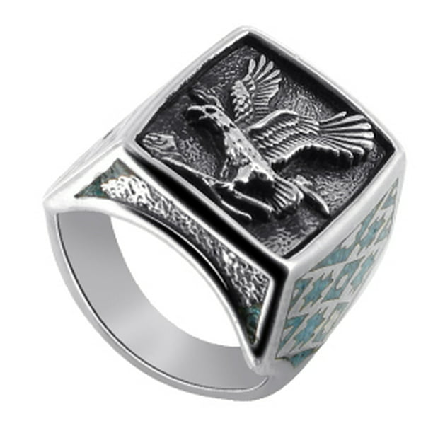 FB Jewels Solid Stainless Steel Polished Blue Enamel Eagle Ring 